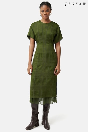 Jigsaw Green Textured Check Midi Dress (K74154) | £175