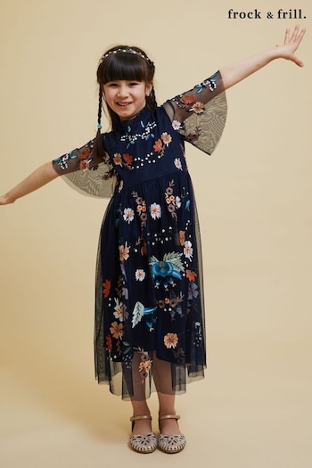 Frock and Frill Childrens Blue Embroidered Dress (K74178) | £60
