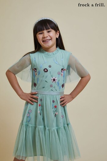 Frock and Frill Childrens Green Embroidered Dress (K74190) | £55