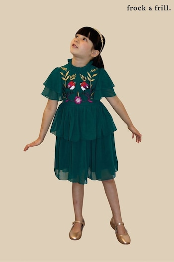 Frock and Frill Childrens Green Embroidered Dress (K74202) | £50