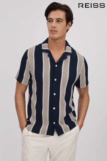Reiss Navy/Camel Alton Slim Fit Ribbed Cuban Collar Shirt (K74371) | £88