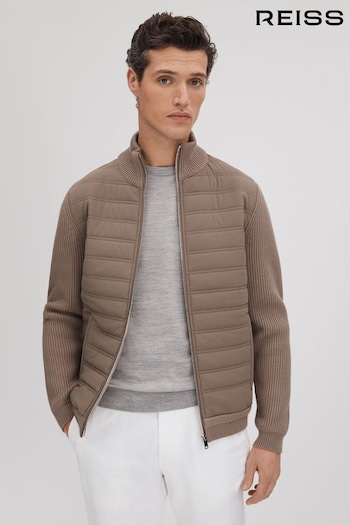 Reiss Mink Southend Hybrid Quilt and Knit Zip-Through Jacket (K74394) | £178