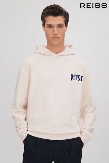 Reiss Ecru/Blue Newton Cotton Relaxed Motif Hoodie (K74399) | £128