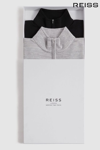 Reiss Black/Soft Grey Blackhall 2 Pack Two Pack Of Merino Wool Zip-Neck Jumpers (K74405) | £178