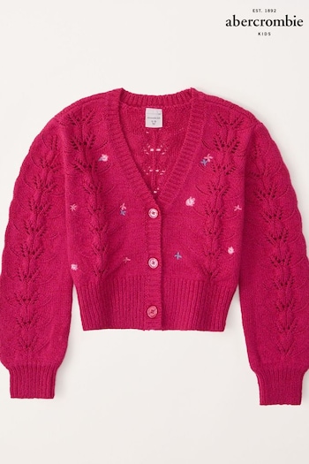 Abercrombie & Fitch Pink Textured Floral Embroidered Cropped V-Neck Knitted Cardigan (K74418) | £39