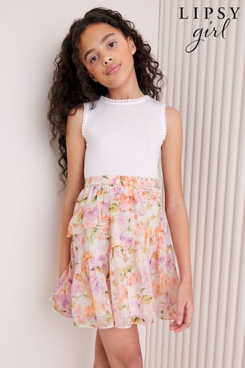 Lipsy White/Pink Chiffon Skirt Dress (5-16yrs) (K74439) | £32 - £40