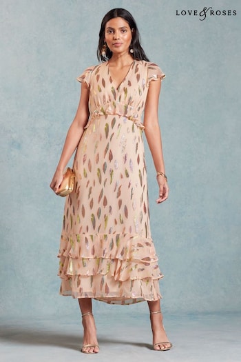 Beauty Top Picks Pink Metallic Ruffle Detail Cap Sleeve Midi Dress (K74440) | £68
