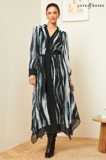 Love & Roses Grey Smudge Printed V Neck Belted Long Sleeve Midi Dress (K74446) | £72