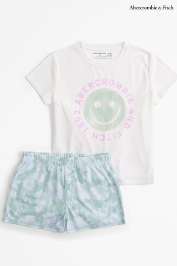 Abercrombie & Fitch Green Graphic Print Logo Pyjama Shorts & Top Set (K74465) | £29