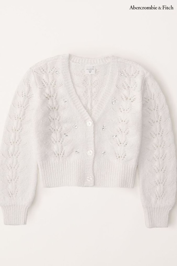 Abercrombie & Fitch Cream Textured Pointelle Cropped V-Neck Knitted Cardigan (K74473) | £39