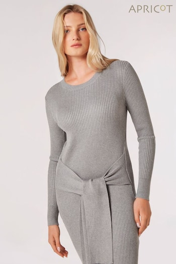 Apricot Grey Heavy Ribbed Tie Front Dress (K74501) | £39