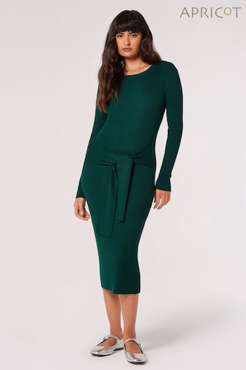 Apricot Green Heavy Ribbed Tie Front Dress (K74564) | £39