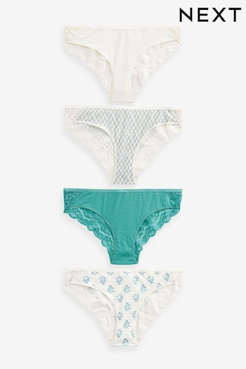 Green/White Print Bikini Cotton and Lace Knickers 4 Pack (K74769) | £17