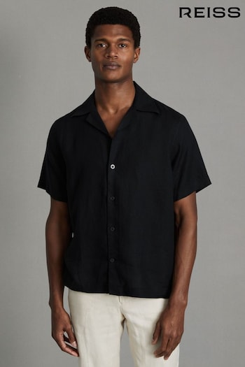 Reiss Black Beldi Relaxed Linen Cuban Collar Shirt (K74854) | £88