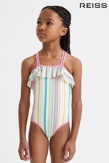 Reiss Multi Cora Junior Striped Frilly Cross-Back Swimsuit (K74863) | £40
