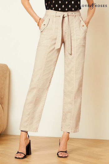 Love & Roses Ecru Cream Cotton Utility Belted diagonal Trousers (K74900) | £39