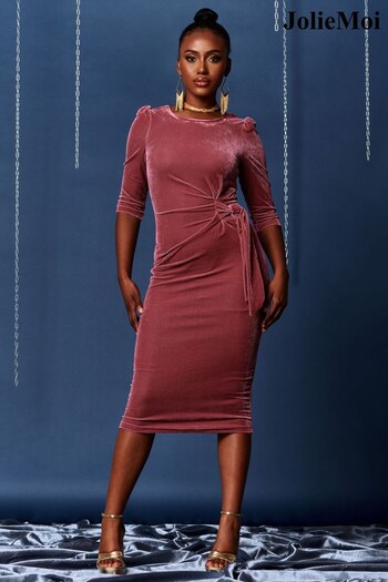 Jolie Moi Pink 3/4 Sleeve Tie Detail Velvet Midi Dress (K74985) | £65