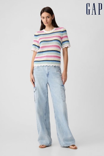 Gap distressed-effect Stripe Crochet Short Sleeve Knit T-Shirt (K75010) | £30
