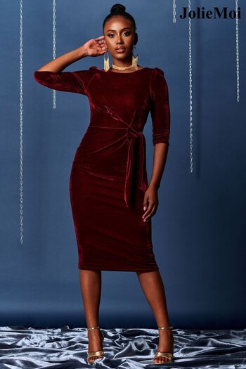 Jolie Moi Red Velvet Tie Detail Bodycon Dress (K75116) | £65