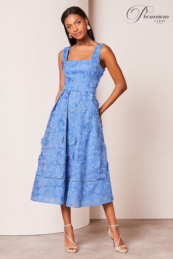 Lipsy Blue Premium 3D Lace Embroidery Floral Midi Prom Dress denim (K75264) | £152