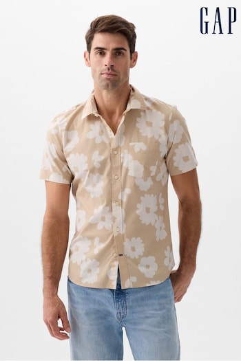 Gap Brown Print Standard Fit Stretch Short Sleeve Poplin Shirt (K75296) | £25