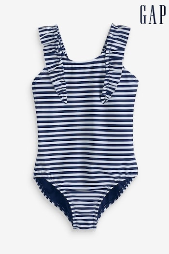 Gap Navy White Stripe Ruffle Strap Swimsuit (4-12yrs) (K75415) | £25