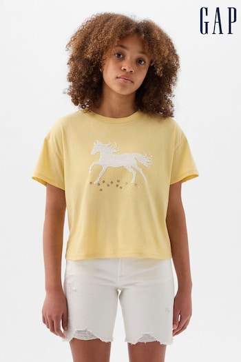 Gap Yellow Sequin Horse Graphic Short Sleeve Crew Neck T-Shirt (4-13yrs) (K75419) | £16