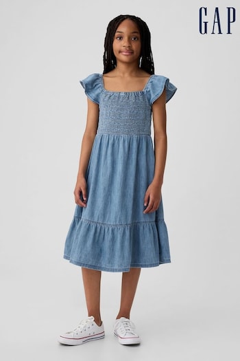 Gap Medium Wash Cotton Smocked Flutter Sleeve Midi Dress (4-13yrs) (K75463) | £30