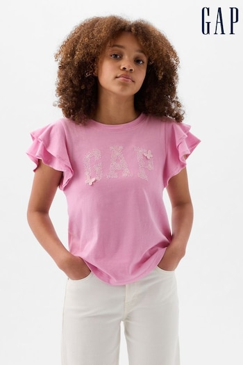 Gap Pink Logo Short Flutter Sleeve Crew Neck T-Shirt (4-13yrs) (K75490) | £14