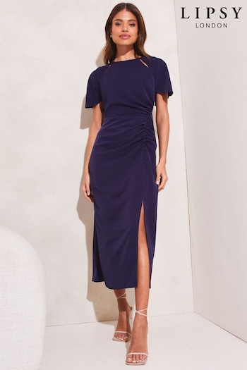 Lipsy Navy Petite Ruched Button Front Sleeved Midi Dress (K75542) | £69