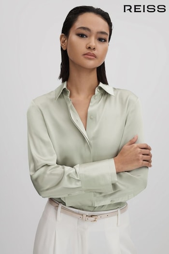 Reiss Green Irina Silk Button-Through Shirt (K76071) | £198