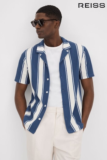 Reiss Airforce Blue/White Alton Slim Fit Ribbed Cuban Collar Shirt (K76099) | £88