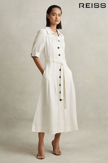 Reiss White Malika Belted Cap Sleeve Midi Dress (K76106) | £188