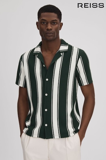 Reiss Green/White Alton Slim Fit Ribbed Cuban Collar Shirt (K76116) | £88