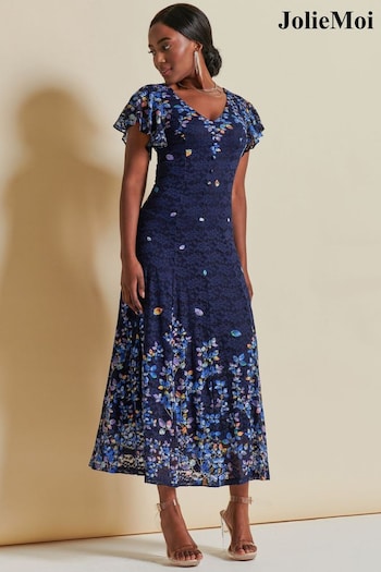 Jolie Moi Blue Mirrored Print Lace Maxi Dress (K76216) | £89