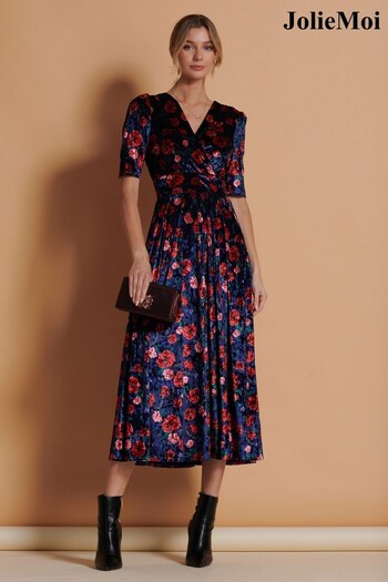 Jolie Moi Blue Floral Print Velvet Maxi Dress (K76219) | £85