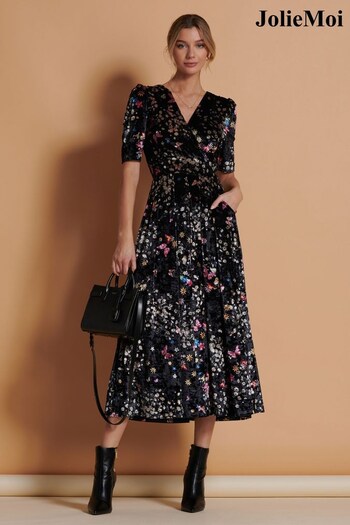 Jolie Moi Floral Print Velvet Maxi Black Dress (K76233) | £85