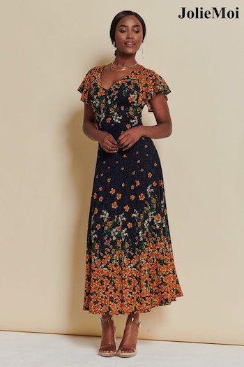 Jolie Moi Orange Lace Floral Print Fit & Flare Maxi Dress (K76238) | £89