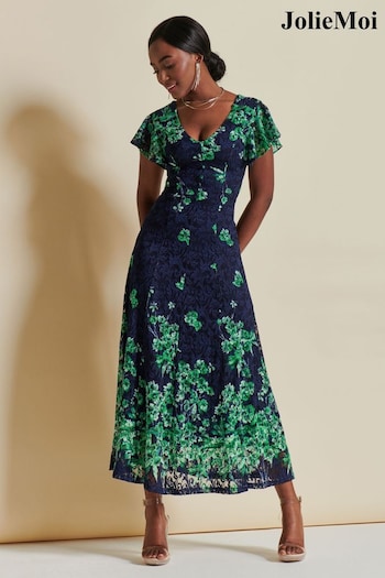 Jolie Moi Green Lace Floral Print Fit & Flare Maxi Dress (K76244) | £89