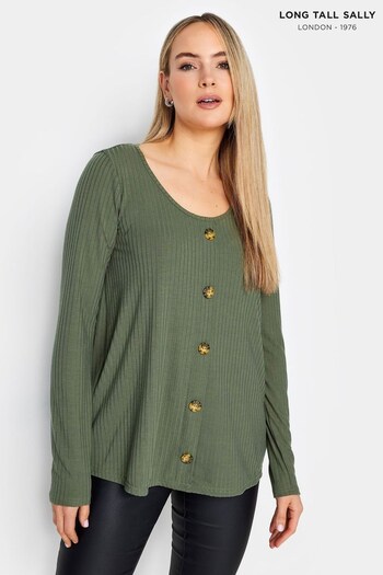 Long Tall Sally Green Khaki Scoop Long Sleeve Button Top (K76282) | £24
