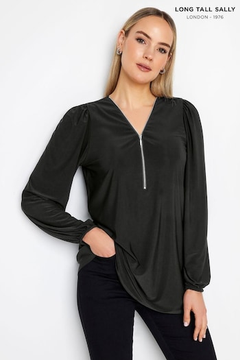 Long Tall Sally Black Balloon Sleeve Zip Neck Top (K76284) | £29