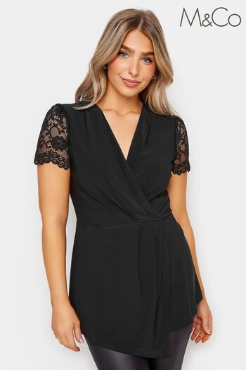 M&Co Black Asymetric Lace Sleeve Wrap Top (K76299) | £34