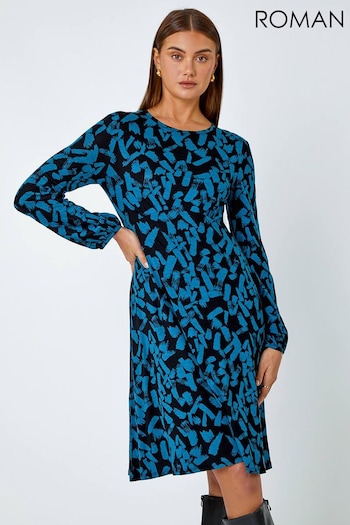 Roman Blue Brushstroke Print Stretch Tea Dress (K76504) | £38