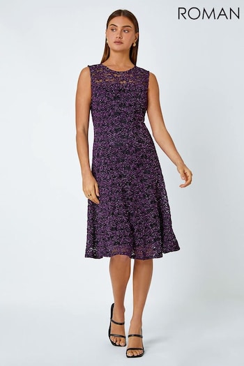 Roman Purple Sleeveless Glitter Lace Stretch Dress (K76514) | £50