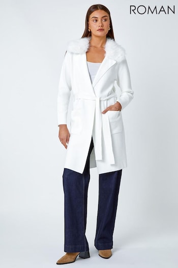Roman White Faux Fur Collar Longline Cardigan (K76520) | £45