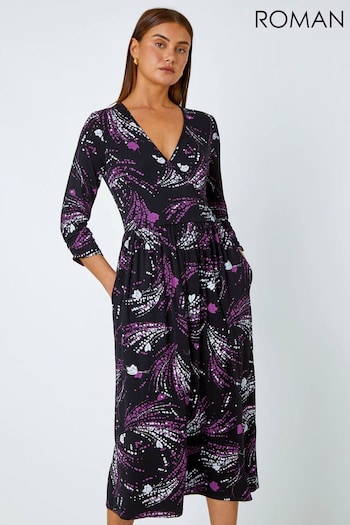 Roman Purple Abstract Gathered Stretch Wrap Dress (K76525) | £38