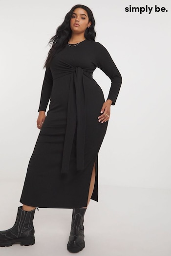 Simply Be Black Ribbed Tie Front Dress (K76785) | £29
