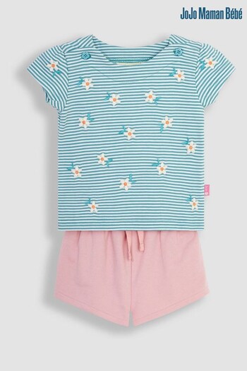 JoJo Maman Bébé Duck Egg 2-Piece Daisy Embroidered T-Shirt & Shorts Set (K76903) | £25