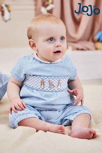 JoJo Maman Bébé Blue Peter Rabbit Embroidered Smocked Romper (K76952) | £27