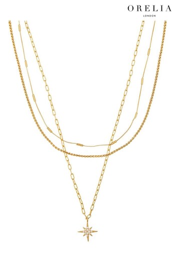 Orelia London Gold Tone Pave Starburst & Chain 3-Row Necklace (K77185) | £35